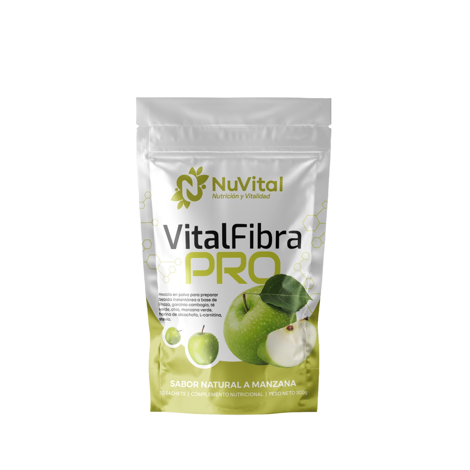 Envase de VitalFibra Pro de Nuvital, sabor natural a manzana.