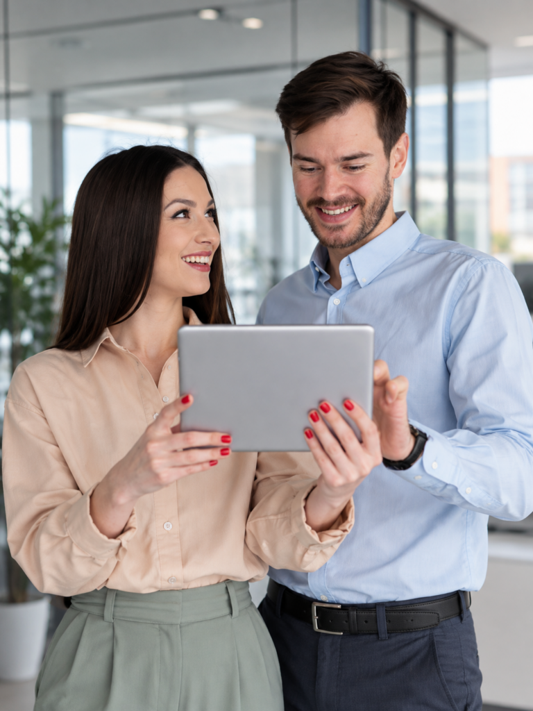 Dos emprendedores trabajando juntos con una tableta