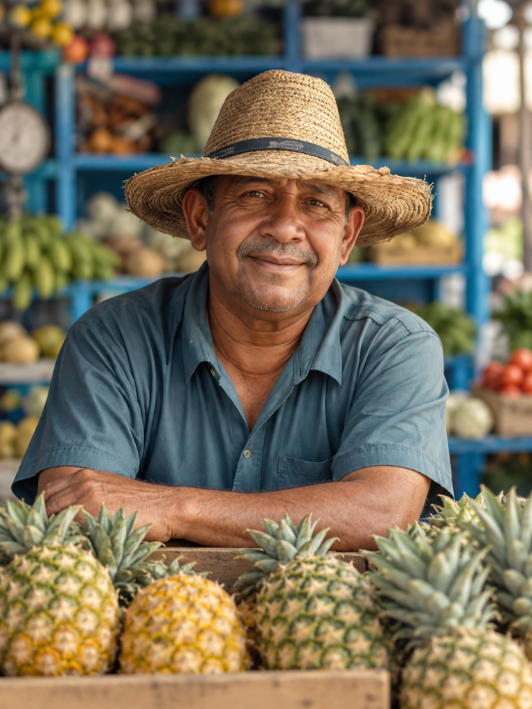Agricultor con sombrero de paja junto a un puesto de piñas